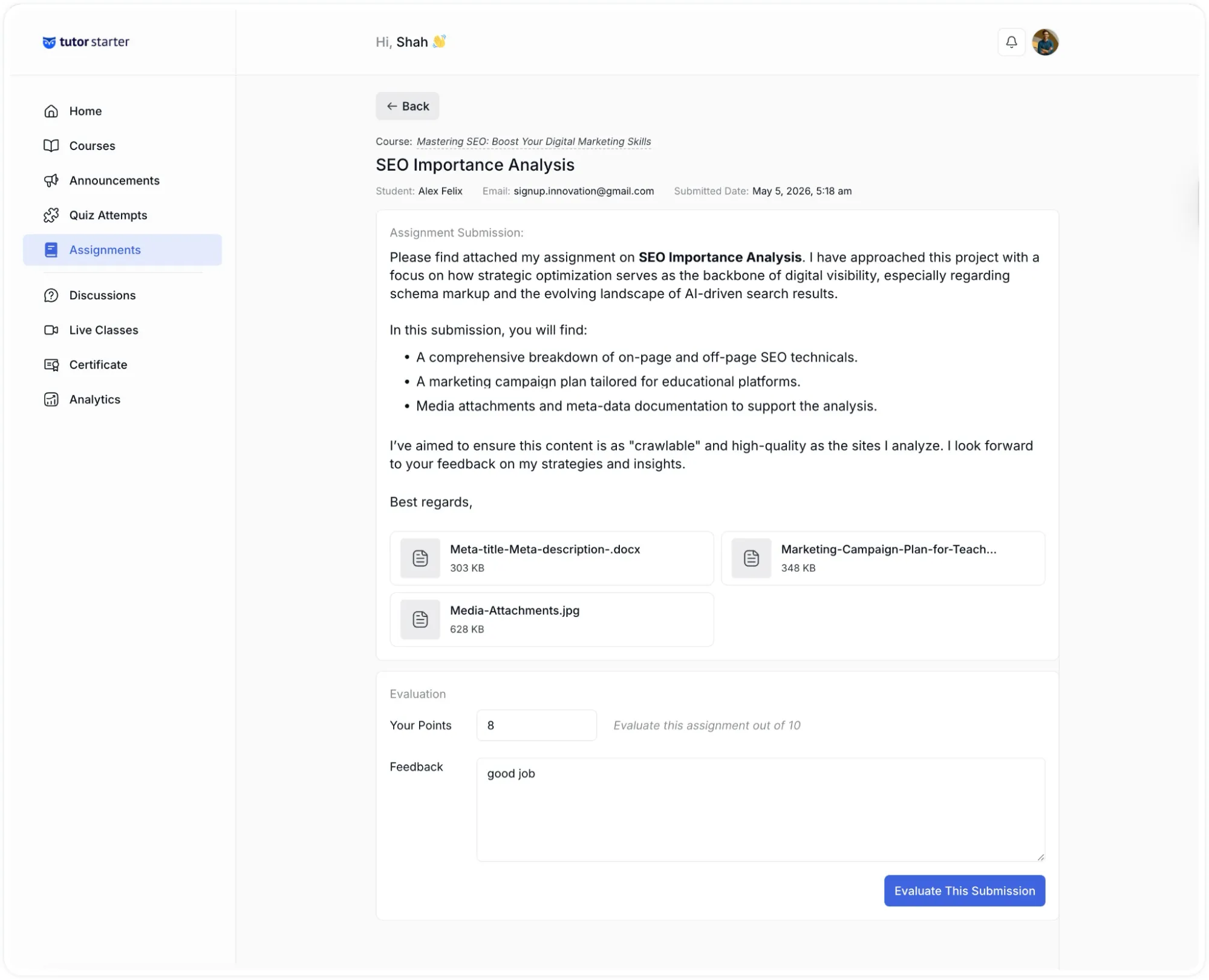 Instructor Dashboard- How to evaluate an Assignment