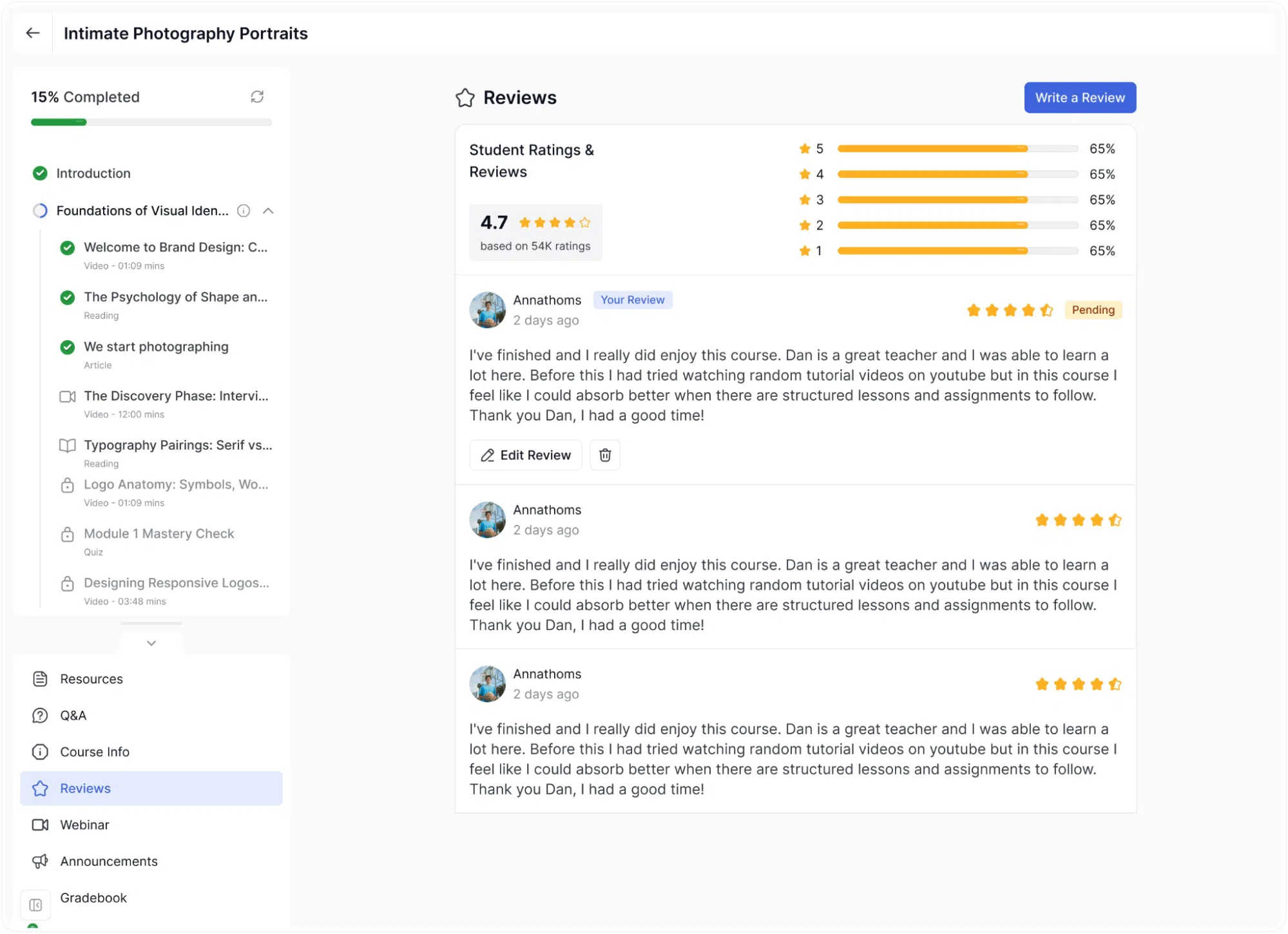 Learner Interface- Pending status Edit & delete Review
