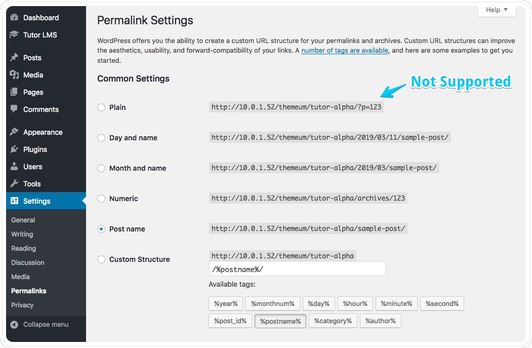 Tutor LMS WordPress Permalink Settings