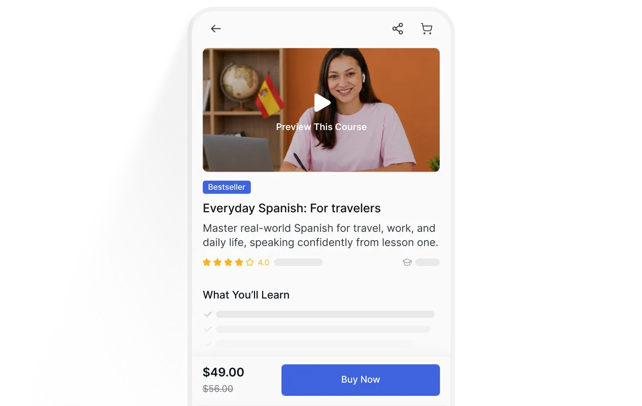 Mobile course page with preview video and buy button