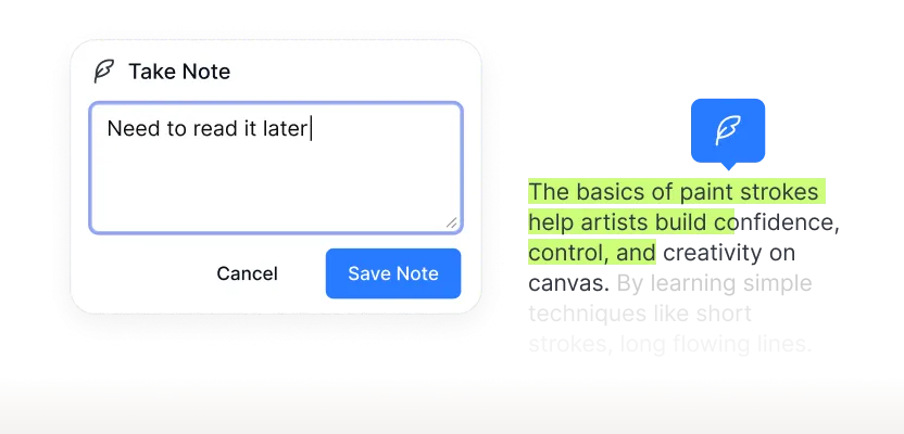 Note-taking popup with highlighted lesson text alongside
