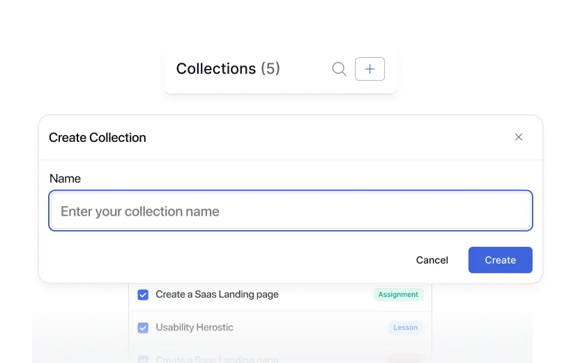 A Collections panel showing 5 collections with a _Create Collection_ modal open, and a list of reusable assignments and lessons building up below.