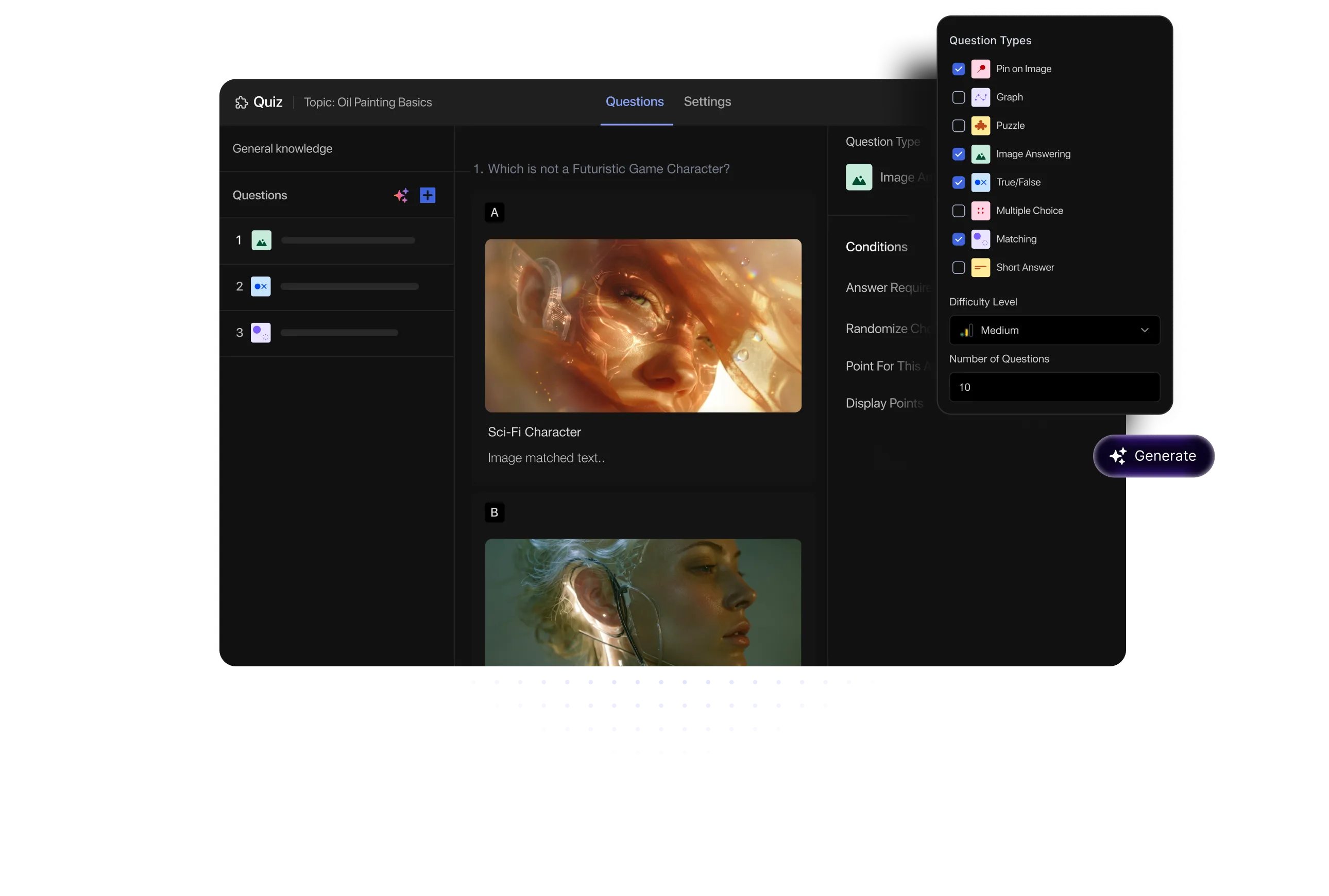 A TutorLMS AI quiz builder on a dark blue interface showing an image-based question