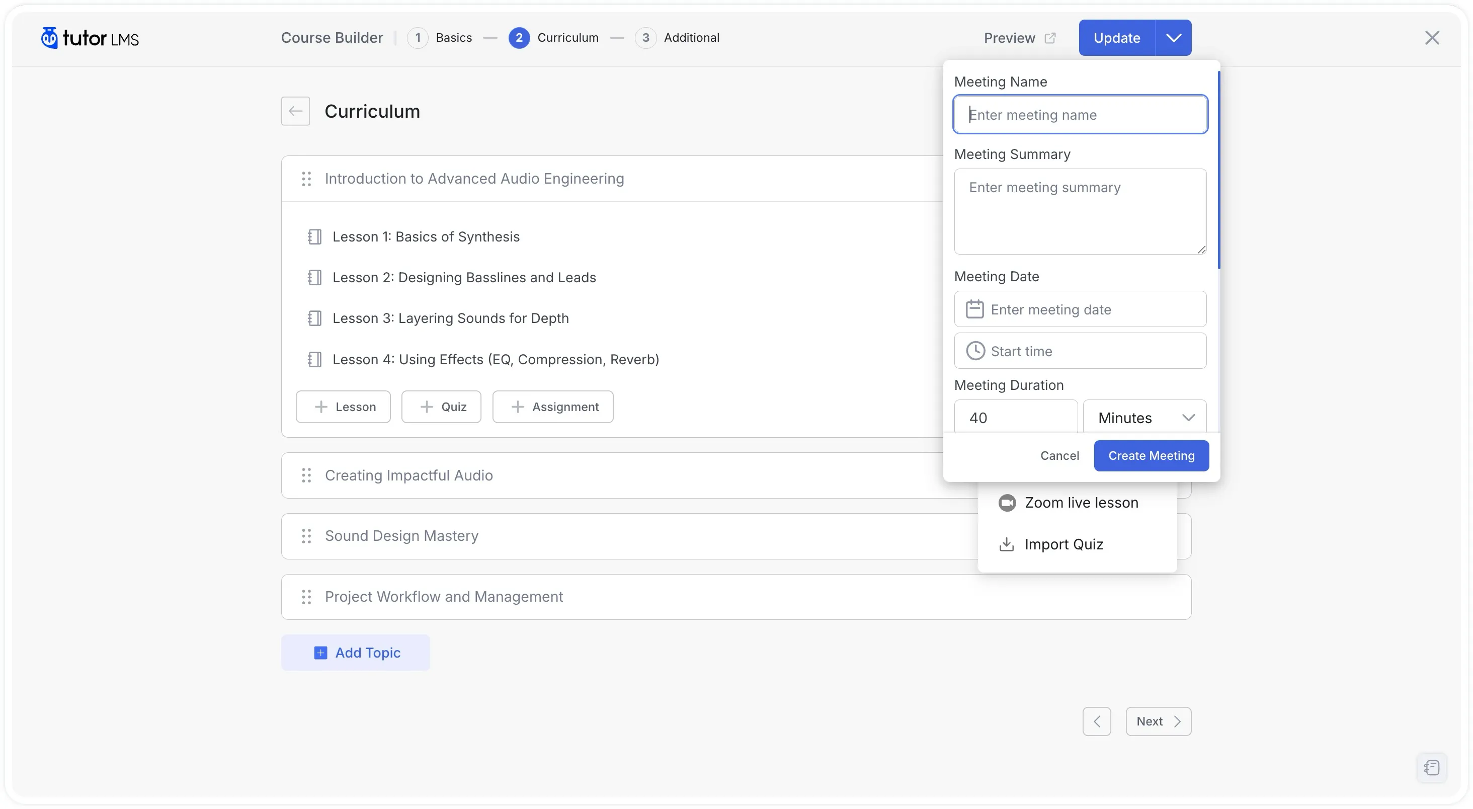 Tutor LIve Class- Create New Zoom Meeting