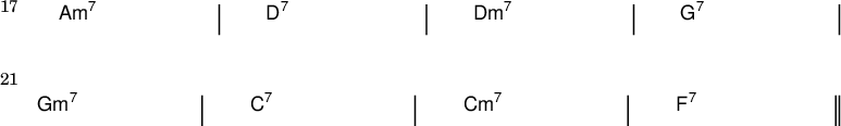 
{
\new ChordNames \with {
  \override BarLine #'bar-extent = #'(-2 . 2)
  \consists "Bar_engraver"
}
\chordmode {
  \override Score.BarNumber.font-size = #0
  \override Score.BarNumber.stencil= #(make-stencil-boxer 0.1 0.25 ly:text-interface::print)
  \set Score.barNumberVisibility = #all-bar-numbers-visible
  \set Score.currentBarNumber = #17
  \bar ""
  a1:m7 | d:7 | d:m7 | g:7 |
\break
g:m7 | c:7 | c:m7 | f:7 \bar "||"
} }
