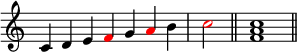 
{
\override Score.TimeSignature #'stencil = ##f
\relative c' {
  \clef treble
  \time 7/4 c4 d e \once \override NoteHead.color = #red f g \once \override NoteHead.color = #red a b \time 2/4 \once \override NoteHead.color = #red c2 \bar "||"
  \time 4/4 <f, a c>1 \bar "||"
} }
