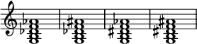 
{
\override Score.TimeSignature #'stencil = ##f
\relative c' {
   \clef treble
   \time 4/4
   \key c \major
   <g b des f aes>1
   <g b des f ais>1
   <g b dis f aes>1
   <g b dis f ais>1
} }
