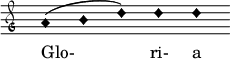  { \clef "petrucci-g" \override Staff.TimeSignature #'stencil = ##f \set Score.timing = ##f \override Voice.NoteHead #'style = #'harmonic-black  a'1 (b'1 d''1) d''1 d''1 } \addlyrics { Glo- ri- a } 