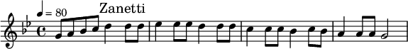 
\relative c'' { 
 \set Staff.midiInstrument = #"violin"
 \tempo 4 = 80
 \key bes \major
 \time 4/4
 g8 a bes c d4 \mark "Zanetti" d8 d es4 es8 es d4 d8 d c4 c8 c bes4 c8 bes a4 a8 a g2
}
