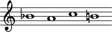 
\header { tagline = ##f }
\score {
  \new Staff \with{ \magnifyStaff #2/1 }{
    %\override Score.SpacingSpanner #'common-shortest-duration = #(ly:make-moment 1 8)
    \time 4/1
    \override Score.TimeSignature #'stencil = ##f
    \defineBarLine "N" #'("" "" "")
    \once \omit Score.MetronomeMark \tempo ""1 = 60
      \relative c'' {bes1 a c b \bar "N"}
  }
  \layout {indent = 0\mm line-width = 90\mm}
  \midi {}
}