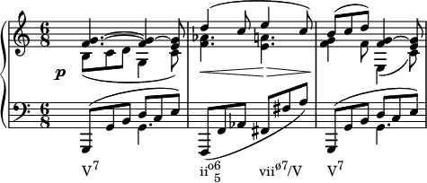  {
   #(set-global-staff-size 16)
   \new PianoStaff <<
      \new Staff <<
         \new Voice \relative c' {
             \stemUp \time 6/8
             <f g>4.^~ <f g>4^~ <e g>8
             d'4^( c8 e4 c8)
             b^( c d) <f, g>4^~ <e g>8
             }
         \new Voice \relative c' {
             \stemDown
              \override DynamicText.X-offset = #-4
              \override DynamicLineSpanner.staff-padding = #4
              b8_(\p c d g,4 c8)
             <f aes>4.\< <e a>4.\>
             <f g>4\! f8 e,4_( c'8)
              }
            >>
     \new Staff <<
         \new Voice \relative c, {
             \clef F \time 6/8
             \stemUp g8^( g' b d c e)
             \stemNeutral f,,( f' aes fis fis' a)
             \stemUp g,,8^( g' b d c e)
             }
         \new Voice \relative c {
             \stemDown
             s4._\markup { \concat { "V" \raise #1 \small "7" \hspace #16 "ii" \raise #1 \small "o" \combine \raise #1 \small 6 \lower #1 \small 5 \hspace #6 "vii" \raise #1 \small "ø7" "/V" \hspace #4 "V" \raise #1 \small "7" } } g s2. s4. g
             }
         >>
    >>
}
