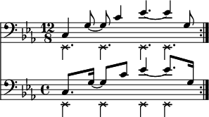 
{
       \relative c, <<
        \new Staff <<
           \new voice {
              \clef bass \time 12/8 \key c \minor
              \set Score.tempoHideNote = ##t \tempo 4 = 100       
              \stemDown \override NoteHead.style = #'cross \repeat volta 2 { es4. es es es }
       }
          \new voice {
              \set Score.tempoHideNote = ##t \tempo 4 = 100      
              \time 12/8
              \stemUp \repeat volta 2 { c'4 g'8~ g c4 es4.~ es4 g,8 } \bar ":|."
       } >>
       \new Staff <<
          \new voice {
              \clef bass \time 12/8 \key c \minor
              \set Staff.timeSignatureFraction = 4/4
              \scaleDurations 3/2 {
                  \set Score.tempoHideNote = ##t \tempo 8 = 100       
                  \stemDown \override NoteHead.style = #'cross \repeat volta 2 { es,4 es es es }
              }
       }
          \new voice \relative c' {
              \time 12/8
              \set Staff.timeSignatureFraction = 4/4
              \scaleDurations 3/2 {
                  \set Score.tempoHideNote = ##t \tempo 4 = 100      
                  \stemUp \repeat volta 2 { c,8. g'16~ g8 c es4~ es8. g,16 } \bar ":|."
              }
       } >>
  >> }
