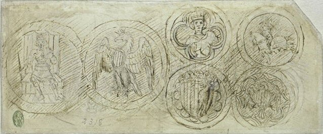 Zes medailles, inv. 2318v, ca. 1440-1450, pen en inkt op papier, 8 × 19