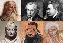 Left to right: Plato, Kant, Nietzsche, Buddha, Confucius, Averroes