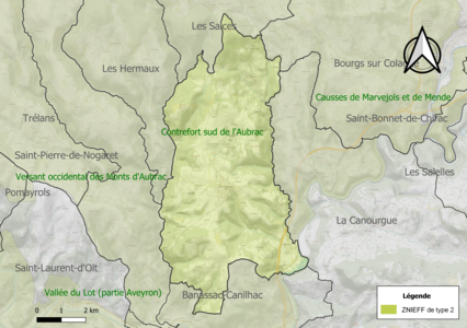 Carte de la ZNIEFF de type 2 sur la commune.