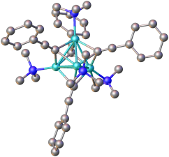 Structure of the cluster formed from PhC2Li complexed to N,N,N′,N′-tetramethyl-1,6-diaminohexane (methylene groups omitted for clarity). Color key: turquoise = Li, blue = N.[9]