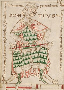 Medieval illustration showing Boethius from the front against a light background in a sitting position, dressed in green clothes with a red cloak