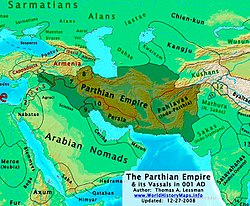 The extent of the Parthian Empire (shaded territory), c. 1 AD