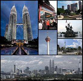 Clockwise frae top left: Petronas Twin Towers, Petaling Street, Masjid Jamek an Gombak/Klang river confluence, Naitional Monument, Naitional Mosque, skyline o KL. Centre: KL Tower