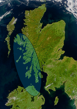 Satellite image of Scotland and Northern Ireland showing the approximate greatest extent of Dál Riata (shaded).