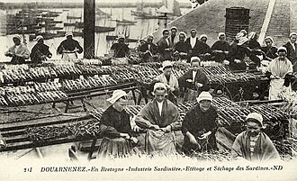 Femmes debout devant des tables où sont étalées des sardines.