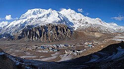 Manang village. Annapurna-III (left, 7,555 m) and Gangapurna (7,455 m) peaks are in the background.