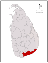 Area map of Hambantota District, lying along the coast from south to south east, in the Southern Province of Sri Lanka