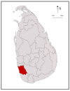 Area map of Kalutara District, extending inwards from the south west by west coast, in the Western Province of Sri Lanka