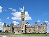 Centre Block of the Parliament of Canada buildings, with the Peace Tower and Canadian flag flying