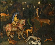 皮薩內羅（英语：Pisanello）的《聖尤斯塔斯的異象（英语：The Vision of Saint Eustace）》，54.5 × 65.5cm，約作於1435年，自1895年起收藏[18]