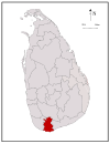 Area map of Matara District, roughly rectangular in shape and extending inwards from the southern coast, in the Southern Province of Sri Lanka