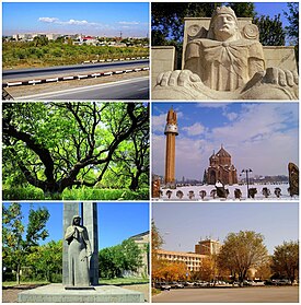 Artashat landmarks View of modern Artashat • Statue of King Artaxias I Apricot gardens in Artashat • Khor Virap Monastery World War II memorial • Statue of Kevork Chavush