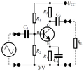 Diagram for et forstærkertrin af typen "fælles emitter"