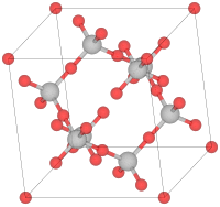 Unit cell of β-cristobalite; red spheres are oxygen atoms.