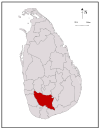 Area map of Ratnapura District, some distance from the south western coast with its western and southern borders converging towards the north west, in the Sabaragamuwa Province of Sri Lanka