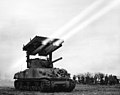 Firing T-34 multiple rocket launcher, 14th Armored, France.