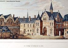 Gravure colorisée montrant les bâtiments de la Sorbonne au sein de leur quartier.