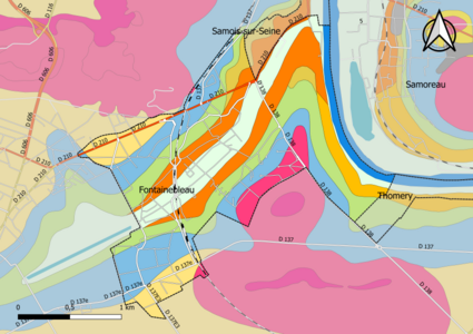 Carte montrant en couleurs le zonage géologique simplifié d'une commune