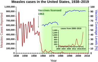 Measles cases 1938-1964 follow a highly variable epidemic pattern, with 150,000-850,000 cases per year. A sharp decline followed introduction of the vaccine in 1963, with fewer than 25,000 cases reported in 1968. Outbreaks around 1971 and 1977 gave 75,000 and 57,000 cases, respectively. Cases were stable at a few thousand per year until an outbreak of 28,000 in 1990. Cases declined from a few hundred per year in the early 1990s to a few dozen in the 2000s.