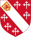 The coat of arms used by the Howard Family. The Scots shield is an augmentation, see below.[9] Gules, on a bend between six cross-crosslets fitchy argent an escutcheon or charged with a demi-lion rampant pierced through the mouth by an arrow within a double tressure flory counterflory of the first.