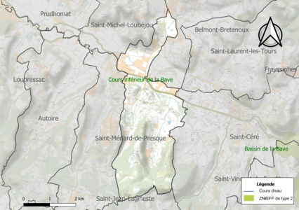 Carte de la ZNIEFF de type 2 sur la commune.