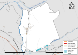 Carte en couleur présentant le réseau hydrographique de la commune