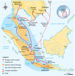 Luas maksimum Srivijaya sekitar abad ke-8 dengan laluan ekspedisi dan penaklukan Srivijaya