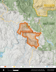 The Harlow Fire's footprint covered an elongated and irregular area from south of Highway 49 to Highway 41 between Oakhurst and Coarsegold.