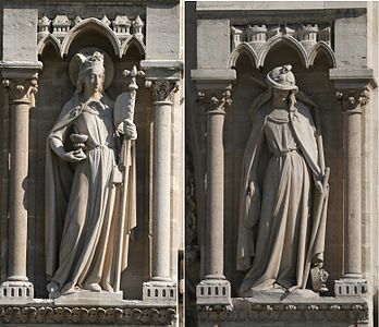 Ecclesia and Synagoga, patung-patung di setiap sisi façade barat