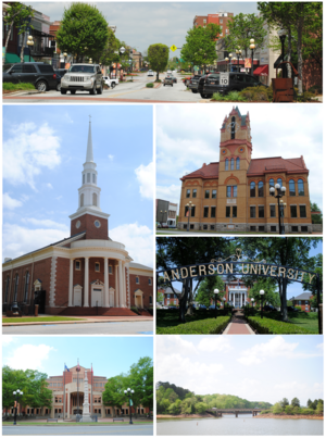 Top, left to right: Downtown Anderson, First Baptist Church of Anderson, Old Anderson County Courthouse, Anderson University, Anderson County Courthouse, Lake Hartwell view from City of Anderson Recreation Park