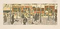 Lithographie en couleur figurant au premier plan des piétons sur un large trottoir, au second un boulevard avec des véhicules et au troisième des devantures.