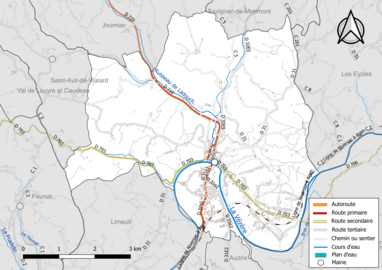 Carte en couleur présentant le réseau hydrographique de la commune