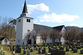 Søndeled Church, stone (about 1150), wood enlargement to cruciform (1785)