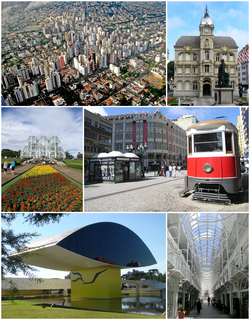 Clockwise from Top: Skyline from Barigui Park; 24 Hours Street; Paço da Liberdade; The Botanical Garden of Curitiba, Oscar Niemeyer Museum; Palace Avenue building.